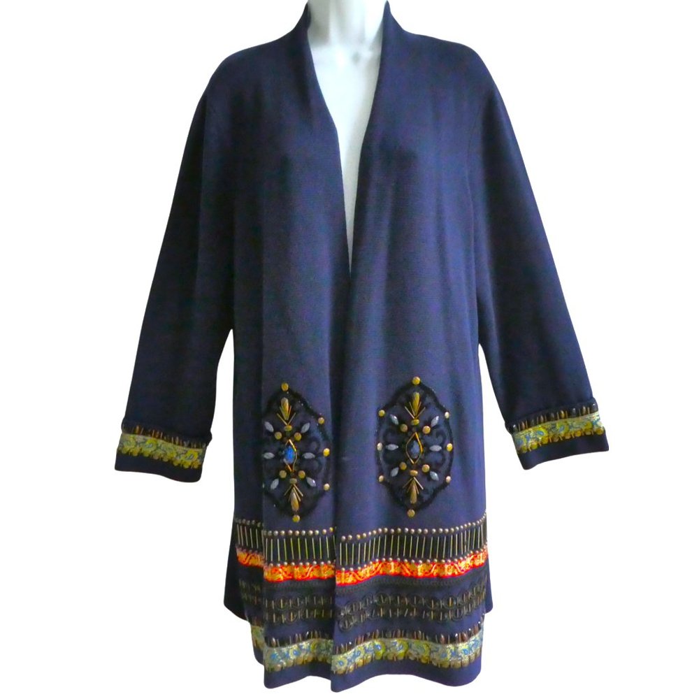 Chico's Knit Cardigan Open Front Navy Duster Beaded Metallic Jacquard Ribbon 3